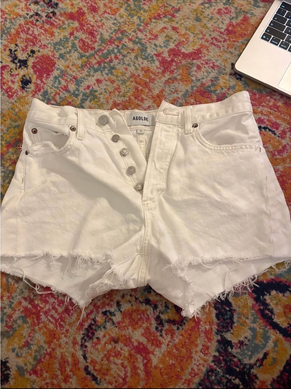 Agolde White Button-Fly Frayed Hem Denim Shorts